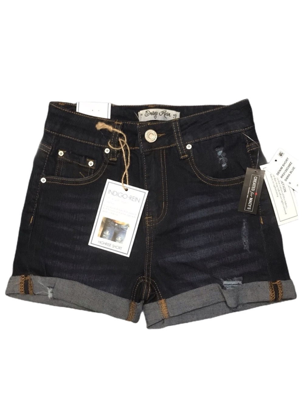 Indigo Rein High Rise Denim Shorts Dark Wash Jean Cuffed Blue Sz 0 23” Stretch